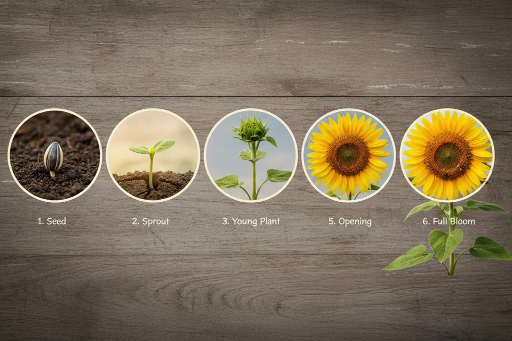 A diagram on a wood-grain background shows the six stages of a sunflower's life cycle, from seed to full bloom.